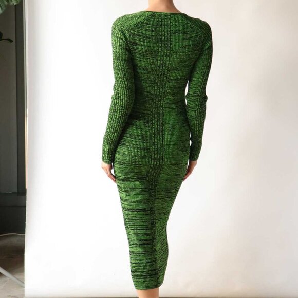 Ganni Melange Dress Midi Green Knit Long Sleeve Bodycon XS - Picture 4 of 11